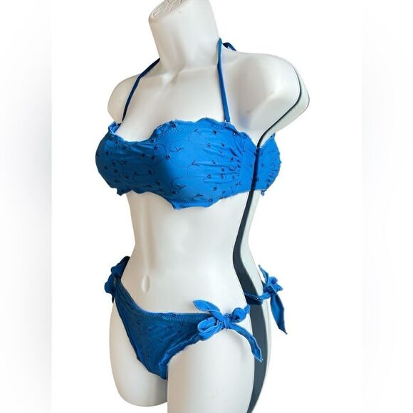 RAE Bikini Swimsuit Set In Color Royal Blue With Embroidered Decor Size L - Picture 2 of 5